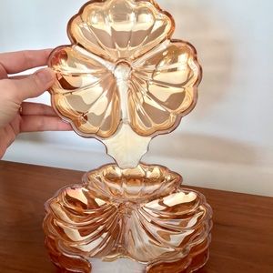 🍀 Set of 3 Jeanette Carnival Glass Doric Marigold iridescent Clover Dish